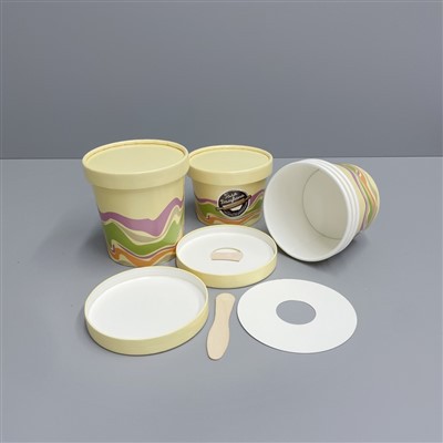 Pahar pentru inghetata de unica folosinta de 12 oz cu capac de hartie si lingura de lemn pentru distribuire